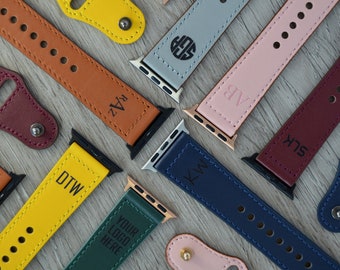 Personalized Leather Apple Watch Band, Fitbit Versa 1 & 2, Custom Logo Text, Monogrammed Apple watch straps for 38mm 40mm 42mm and 44mm