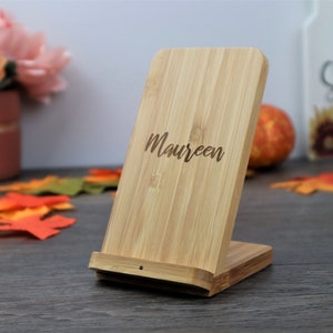 Personalized Bamboo Wireless Charger Stand, Docking Station Text Logo. iPhone 11/Pro 11 Pro Max, Xs Max/XS/XR/X/8/8 Plus, Galaxy S9/S8/S7