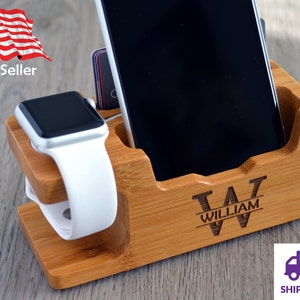 Bamboo Wood Phone Docking Station with Custom Logo or Text, Apple Watch Charging Station, Phone Night Stand. Fathers Day Gift