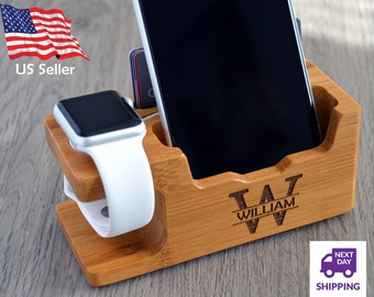 Bamboo Wood Phone Docking Station with Custom Logo or Text, Apple Watch Charging Station, Phone Night Stand. Fathers Day Gift