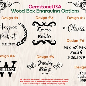 K&ouml;nnte beinhalten: Bild mit sieben Gravuroptionen f&uuml;r Holzboxen. Designs umfassen Namen, Daten und individuelle Logos. Der Text enth&auml;lt "GemstoneUSA" und "Wood Box Engraving Options."