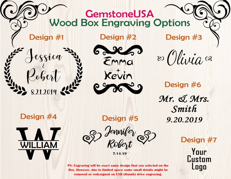 K&ouml;nnte beinhalten: Bild mit sieben Gravuroptionen f&uuml;r Holzboxen. Designs umfassen Namen, Daten und individuelle Logos. Der Text enth&auml;lt "GemstoneUSA" und "Wood Box Engraving Options."
