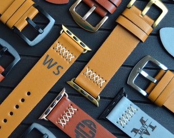Personalized Leather Apple Watch Band, Fitbit Versa 1 & 2, Custom Logo Text, Monogrammed Apple watch straps for 38mm 40mm 42mm and 44mm