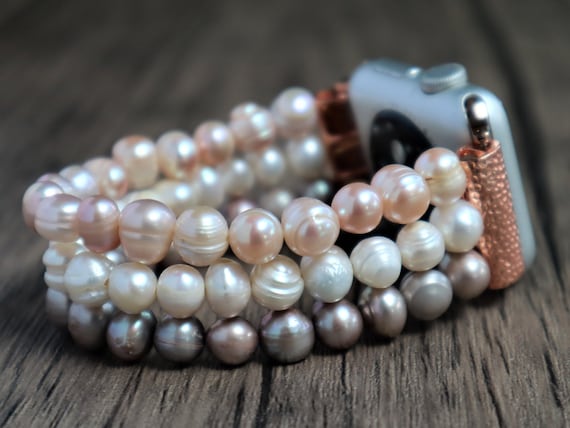 Handmade Apple Watch Freshwater Pearl Personalized Band 38mm 40mm 42mm 44mm Fitbit Versa 1&2 Bracelet Beaded Apple Watch Strap Stretchy