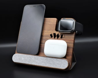 Personalized Walnut Wood iPhone Apple Watch Airpods Wireless Charger 4in1 Docking Station Text Logo. iPhone 15 14 13 Pro Max 12 12 Pro 11 XR