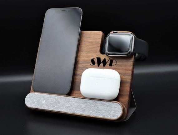 Personalized Walnut Wood iPhone Apple Watch Airpods Wireless Charger 4in1 Docking Station Text Logo. iPhone 15 14 13 Pro Max 12 12 Pro 11 XR Etsy