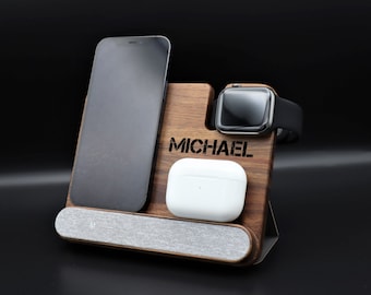 Personalized Walnut Wood iPhone Apple Watch Airpods Wireless Charger 4in1 Docking Station Text Logo. iPhone 15 14 13 Pro Max 12 12 Pro 11 XR