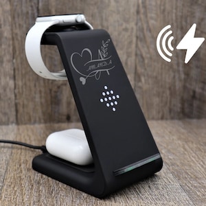 Personalized iPhone Apple & Samsung Watch Airpods Wireless Charger, 3in1 Docking Station Text Logo. iPhone 14 13 12 11 X Valentines Day gift