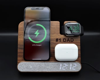 Personalized Walnut Wood iPhone Apple Watch Airpods Wireless Charger 4in1 Docking Station Text Logo. iPhone 15 14 13 Pro Max 12 12 Pro 11 XR