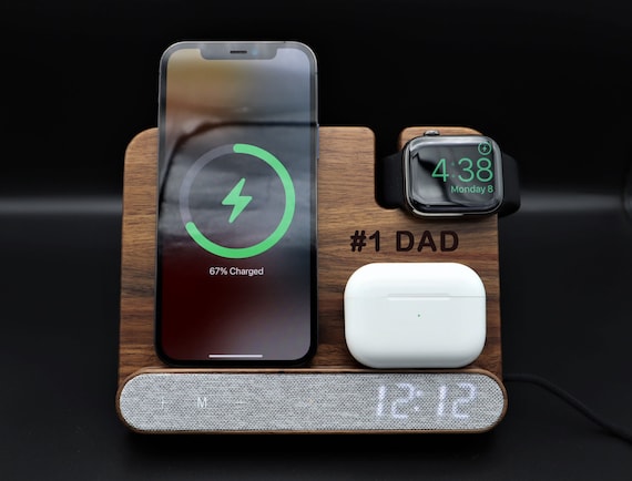 Personalized Walnut Wood iPhone Apple Watch Airpods Wireless Charger 4in1  Docking Station Text Logo. iPhone 15 14 13 Pro Max 12 12 Pro 11 XR 