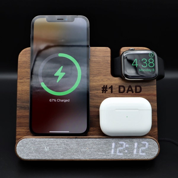 Personalized Walnut Wood iPhone Apple Watch Airpods Wireless Charger 4in1 Docking Station Text Logo. iPhone 15 14 13 Pro Max 12 12 Pro 11 XR