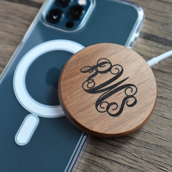 Magnetic Wood Wireless Charger with Text Logo for iPhone 12 12 Pro 12 Pro Max 12 Mini. Personalized Custom Magnetic Charger.