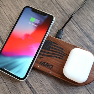 Personalized Wood Dual Wireless Charger, Qi Charging Pad Text and Logo. Fathers day gift iPhone 12/ 12 Pro 11/Pro 11 Pro Max, Xs Max/XS/XR/X