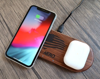 Personalized Wood Dual Wireless Charger, Qi Charging Pad Text and Logo. Fathers day gift iPhone 12/ 12 Pro 11/Pro 11 Pro Max, Xs Max/XS/XR/X