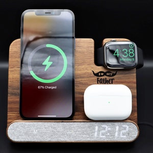 Personalized Fathers Day Gift Walnut Wood iPhone Apple Watch Airpods Wireless Charger 4in1 Docking Station Logo iPhone 15 14 13 12 11 X Pro