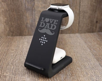 Personalized iPhone Apple & Samsung Watch Airpods Wireless Charger, 3in1 Docking Station Text Logo. Father's Day Gift. Love Dad.