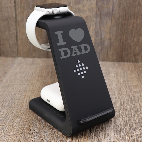 Personalized iPhone Apple & Samsung Watch Airpods Wireless Charger, 3in1 Docking Station Text Logo. Father's Day Gift. I Love Dad.