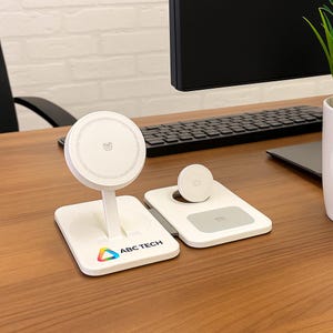 Personalized iPhone Apple Watch Airpods Wireless Charger, 3-in-1 Docking Station UV Company Logo Print. iPhone 17 16 15 14 13 Pro Max 12