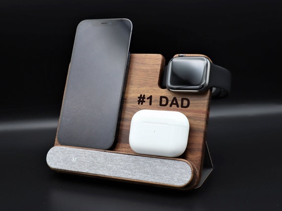 Personalized Walnut Wood iPhone Apple Watch Airpods Wireless Charger 4in1  Docking Station Text Logo. iPhone 15 14 13 Pro Max 12 12 Pro 11 XR 