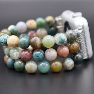 Handmade Apple Watch Agate Gemstone Personalized Band for 38mm 40mm 42mm 44mm Fitbit Versa 1 & 2 Beaded Watch Strap Stretchy band