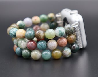 Handmade Apple Watch Agate Gemstone Personalized Band for 38mm 40mm 42mm 44mm Fitbit Versa 1 & 2 Beaded Watch Strap Stretchy band