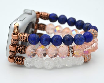 Handmade Apple Watch Rose Crystals & Lapis Lazuli, Quartz Gemstones Band for 38mm 40mm 42mm 44mm. Apple Watch Beaded Stretchy Bracelet Band