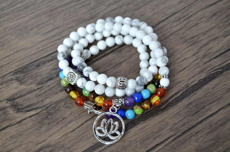 Seven Chakra 108 Mala Necklace Rainbow Stone Gemstone Necklace Seven Chakra Stretchy Bracelet 108 Mala Bracelets Chakra Necklace