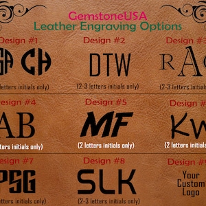 May include: Nine different leather engraving designs for initials or a custom logo. Designs include a circle with initials, two initials side by side, and three initials side by side. The designs are shown on a brown leather background.