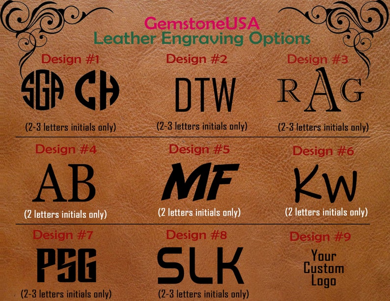 May include: Nine different leather engraving designs for initials or a custom logo. Designs include a circle with initials, two initials side by side, and three initials side by side. The designs are shown on a brown leather background.