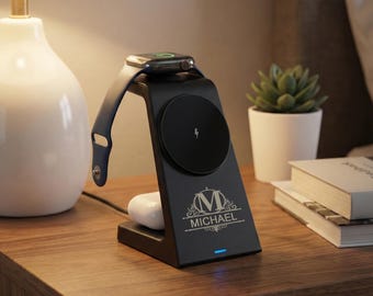 Personalized 3-in-1 Magnetic Wireless Charging Station iPhone, Apple Watch, AirPods Nightstand Organizer Tech Gift iPhone 17 16 15 14 13 12