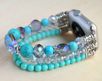 Handmade Apple Watch Turquoise Crystals & Gemstones Band for 38mm 40mm 42mm 44mm. Apple Watch Beaded Stretchy Bracelet Band