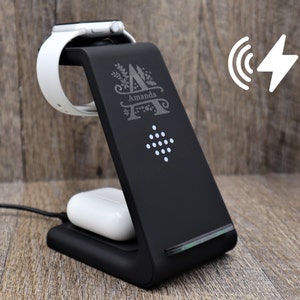 Personalized iPhone Apple & Samsung Watch Airpods Wireless Charger, 3in1 Docking Station Text Logo. iPhone 15 14 13 Pro Max 12 12 Pro 11 X