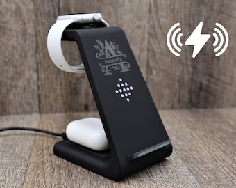 パーソナライズされたiPhone、Apple、Samsung Watch、Airpodsワイヤレス充電器、3in1ドッキングステーション、テキストロゴ。iPhone 15、14、13、Pro Max、12、12 Pro、11 X