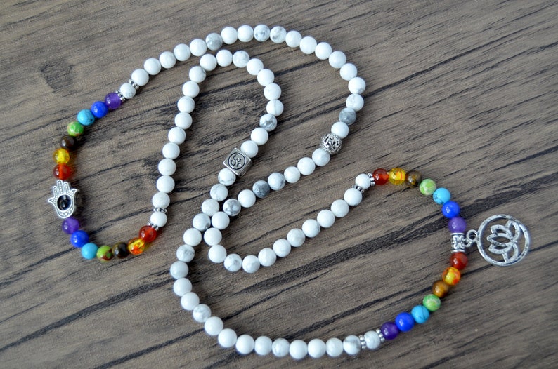 Seven Chakra 108 Mala Necklace Rainbow Stone Gemstone Necklace Seven Chakra Stretchy Bracelet 108 Mala Bracelets Chakra Necklace
