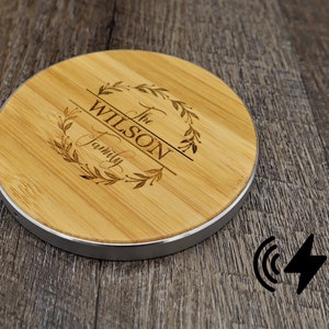 Personalized Bamboo Wood Wireless Charger, Qi Charging Pad Text Logo. iPhone 15/1413/12/11 Pro Max, Xs Max/XS/XR/X/8/8, AirPods 2 Samsung S