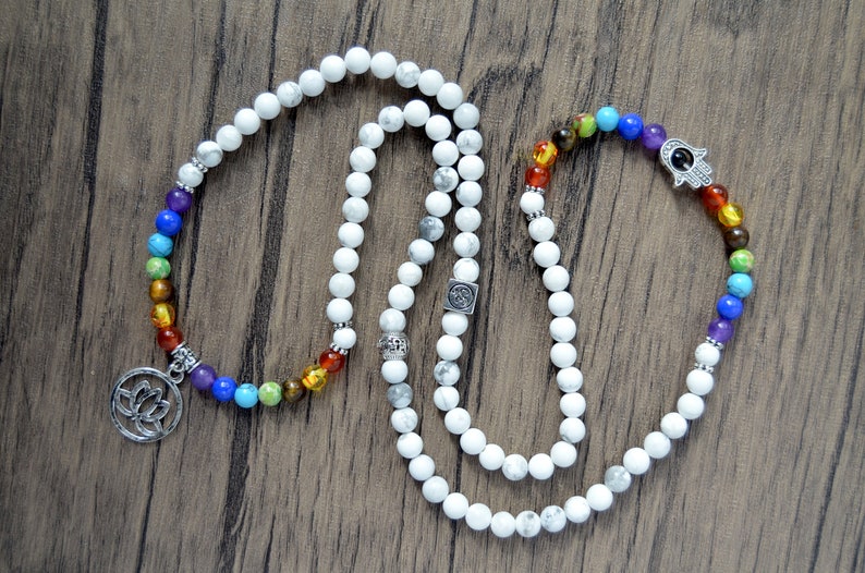 Seven Chakra 108 Mala Necklace Rainbow Stone Gemstone Necklace Seven Chakra Stretchy Bracelet 108 Mala Bracelets Chakra Necklace
