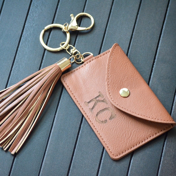 Monogram Keychain Wallet (Choice of Color) Personalized ID Card Holder Custom Engraved Vegan Leather