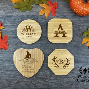 Personalized Bamboo Wireless Charger, Qi Charging Pad Text Logo. iPhone 14, 13, 12, 11, X, 8 series Samsung Galaxy Note series, Google Pixel