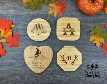 Personalized Bamboo Wireless Charger, Qi Charging Pad Text Logo. iPhone 14, 13, 12, 11, X, 8 series Samsung Galaxy Note series, Google Pixel