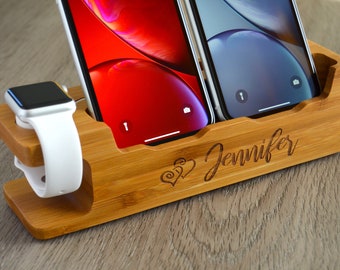 Bamboo Wood Double Phone Docking Station with Custom Logo or Text, Apple Watch Charging Station, Phone Night Stand.