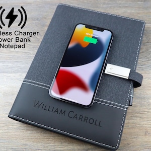 Personalized 4-in-1 Leather Fabric Portfolio Notepad Wireless Charger Power Bank Flash Drive Associate Padfolio Business Tech Gadget Gift