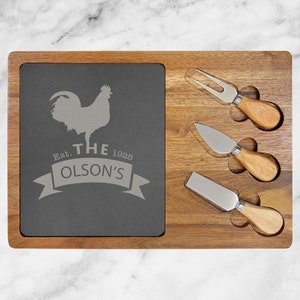 Personalized Acacia Wood/Slate Rectangle Cheese Board Set with your Text or Logo. Charcuterie Board with Utensils Cutting Sliding board