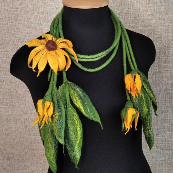 Green yellow felt lariat blackeyed susan Oversize felt large flower brooch black eyed susan Felt floral scarf lariat Handmade designer scarf