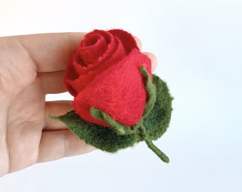 Red Rose Bud Brooch, Botanical Flower Pin, Wet Felted Merino Wool Wearable Textile Art