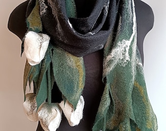 Forest Green Felted Scarf with White Tulips, Merino Wool Wearable Art