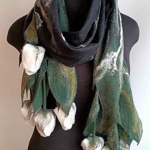 merino wool boho shawl white tulips, black white felted art scarf, black floral scarf handmade, flower brooch tulip, custom rainbow scarf