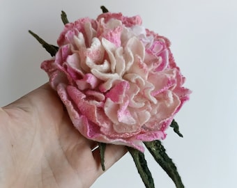 Handmade Felt Peony Brooch: Pink & White Wool Flower Pin