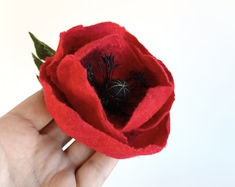 Red Wool Felt Poppy Brooch: Handmade Floral Accessory