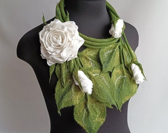 White universal flower oversize brooch scarf Wedding accessory Felted scarf flower Floral scarf Felt flower lariat Handmade scarf designs