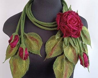Burgundy Felted Flower Scarf Lariat: Handmade Merino Wool Brooch